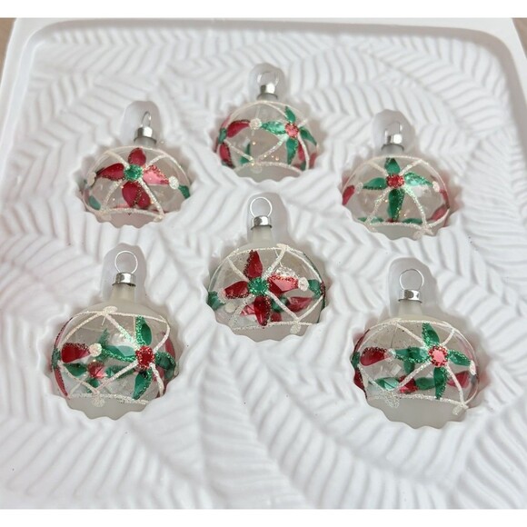 Vintage Christmas Trimmeries glass ornaments Hand Decorated Red Green Poinsettia - Picture 5 of 6